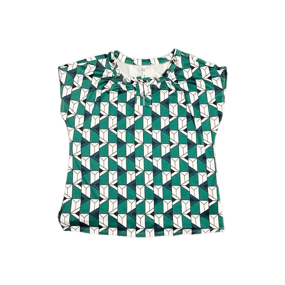 NY Collection Womens Green Geometric Top Size M Short Sleeves Office Work Career